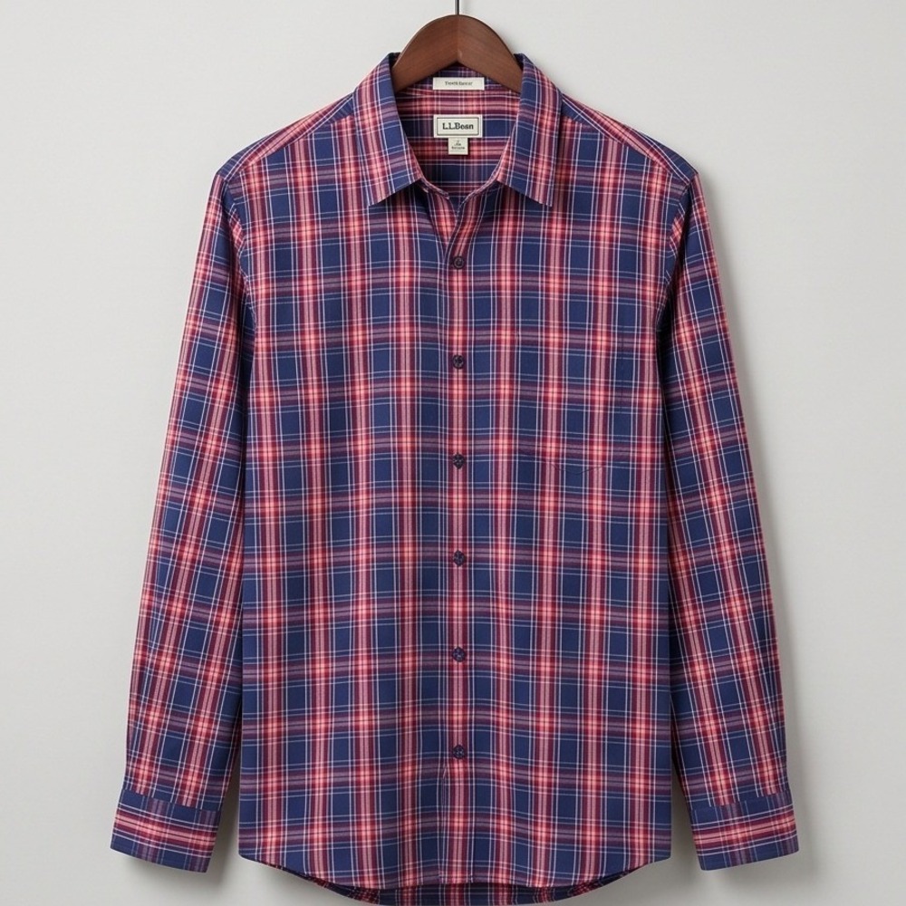 LL Bean M Wrinkle Free Plaid Shirt Womens Medium Blue Red Cotton Button Up